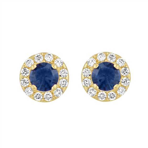 Yellow Gold Halo Studs with Created Blue Sapphire Center and CZ