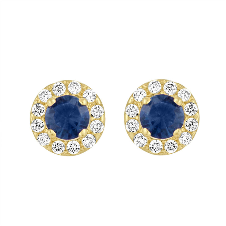 Yellow Gold Halo Studs with Created Blue Sapphire Center and CZ