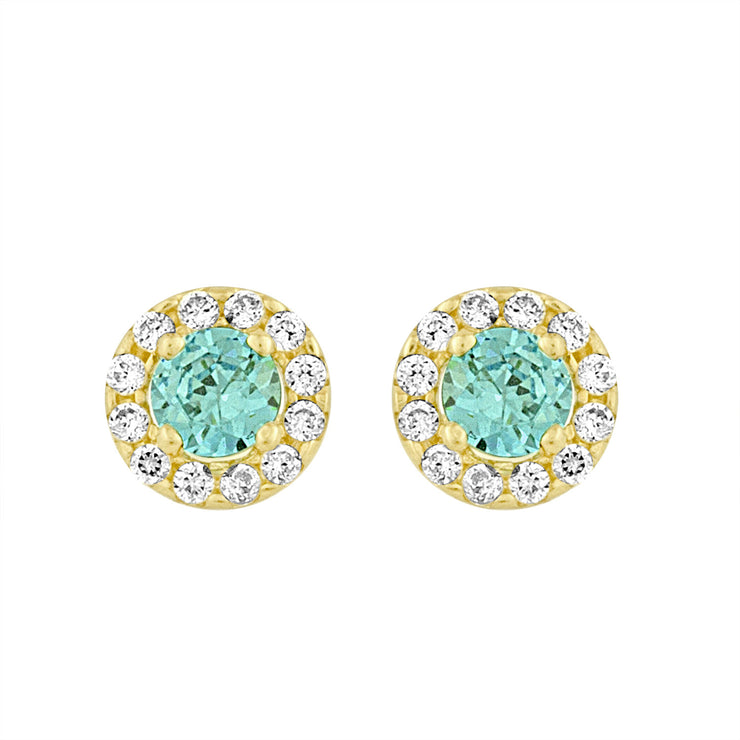 Yellow Gold Created Blue Topaz Studs in 14kt and CZ