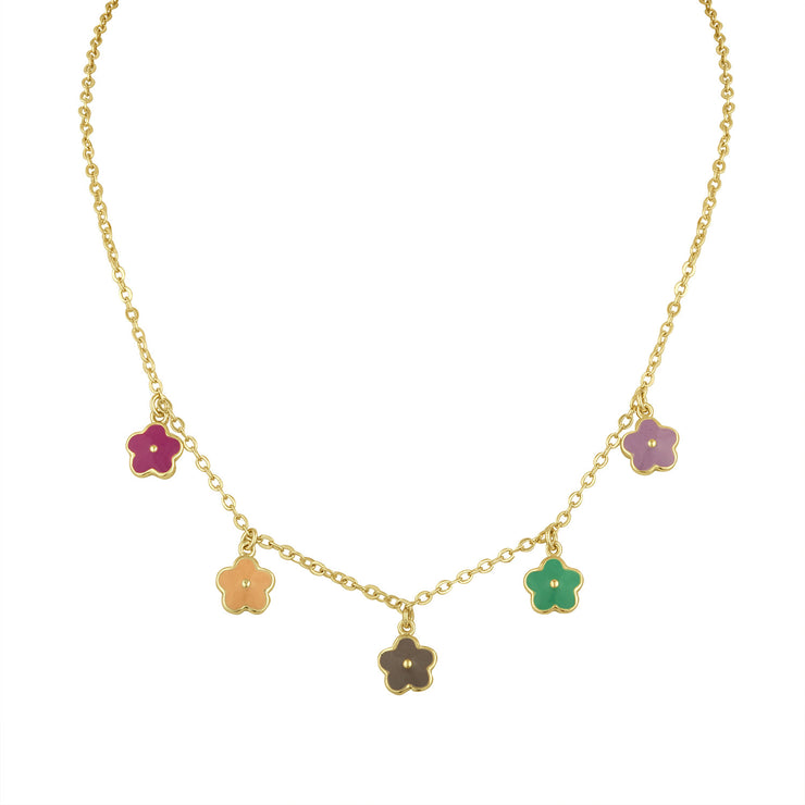 Flower Power Charm Necklace with Multi Color Enamel flowers