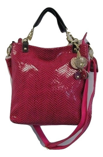 Pink Snake Skin Embossed Leather Handbag