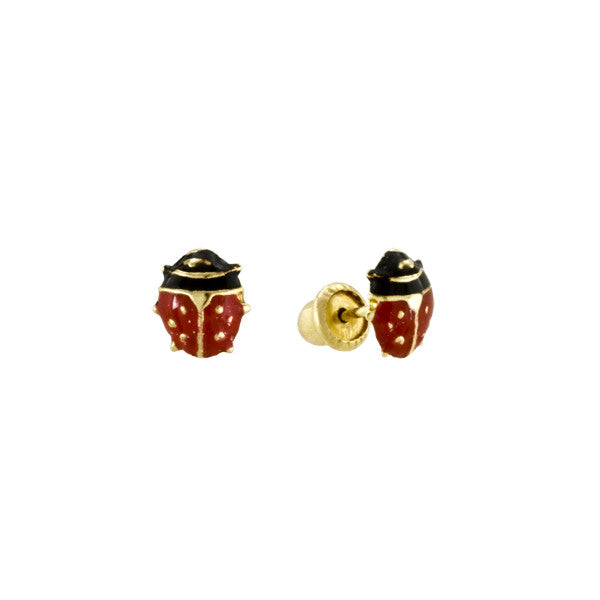 Ladybug Enamel Yellow Gold Stud Earrings