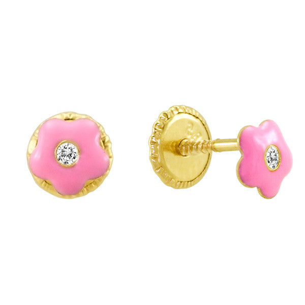 Pink Enamel Flower Baby Earings 14kt Gold