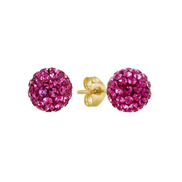 Pink Shamballa Stud Earrings in Crystal and 14kt Yellow Gold