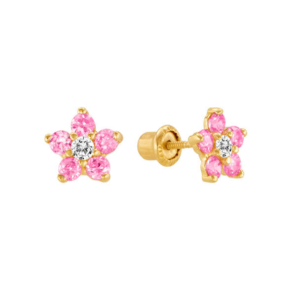 Pink Topaz Flower Studs 14kt Yellow Gold