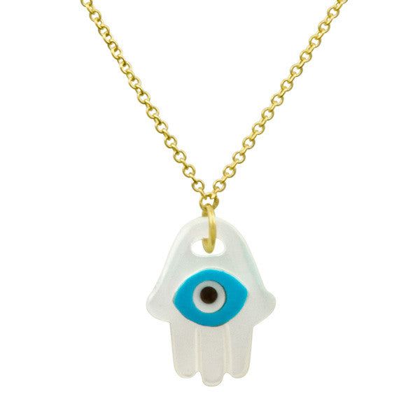 Mother of Pearl, Turquoise, Onyx Evil Eye Hamsa Necklace in Yellow Gold