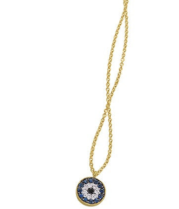 Evil Eye made of Mother of Pearl, Onyx, and Turquoise with Hammered Yellow Gold Diamond Disc Necklace