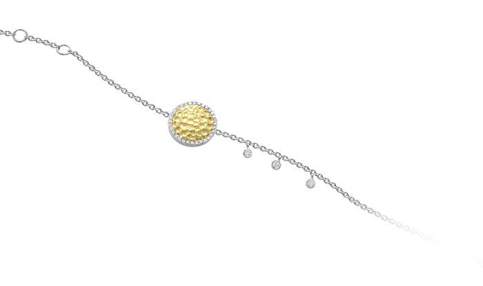 White Gold Diamond Charm Bracelet with Hammered Yellow Gold Disc