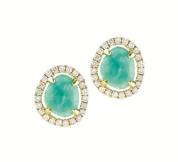 Amazonite Slice Stud Earrings in Yellow Gold and Diamonds