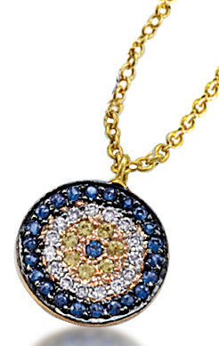 Diamond and Sapphire Evil Eye Circle Necklace in Yellow Gold