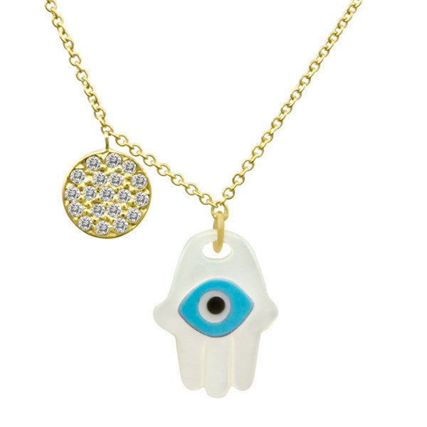 Mother of Pearl, Turquoise, Onyx Evil Eye Hamsa with Pave Disc Necklace in Yellow Gold