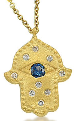 Blue Sapphire Hamsa in Yellow Gold and Diamonds