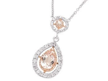 14K White and Rose Gold Diamond and Morganite Pear Shape Tear Drop Necklace