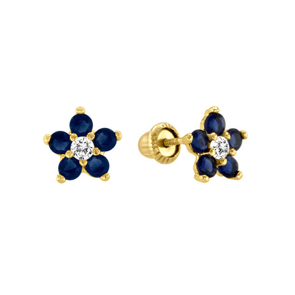 Blue Sapphire Flower Stud Earrings 14kt yellow Gold